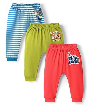 Babyhug Disney 100% Cotton Ankle Length Diaper Legging With Chip'N Dale Graphic Pack Of 3 - Blue Green & Dark Pink
