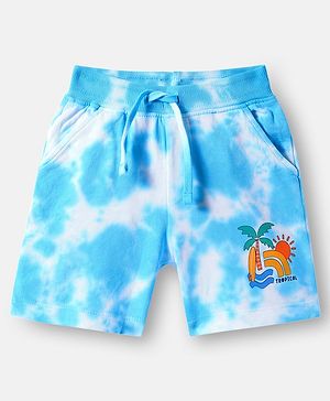 Babyhug Cotton Knit Shorts With Tropical & Tie & Dye Print - Light Blue & White