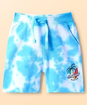 Babyhug Cotton Looper Knit Tie & Dye Shorts with Beach Theme Print - Light Blue