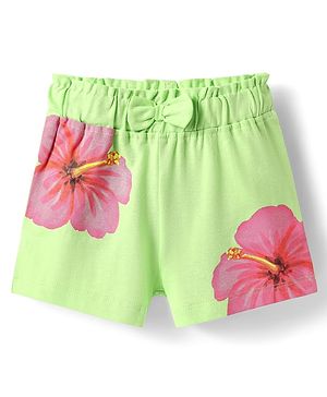 Babyhug Single Jersey Knit Shorts with Floral Print & Bow Applique - Light Green