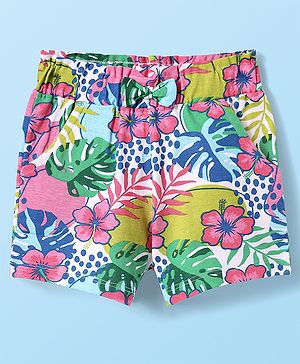 Babyhug Cotton Jersey Knit Shorts with Tropical Theme Print - White