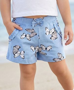 Babyhug Cotton Knit Shorts With Butterfly Print - Light Blue