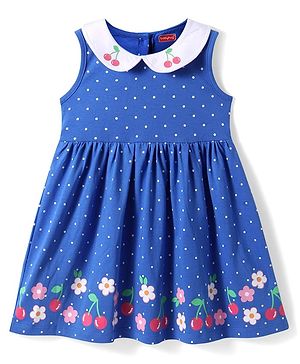 Babyhug Cotton Knit Sleeveless Peter Pan Collared Frock with Polka Dots & Cherry Print - Blue
