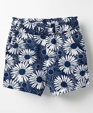 Babyhug Cotton Knit Shorts With Bow Applique Floral Print - Navy Blue