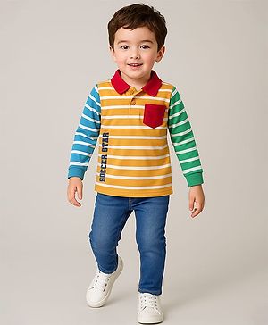 Babyhug Single Jersey Full Sleeves Stripes T-Shirt & Jeans - Blue Green & Yellow