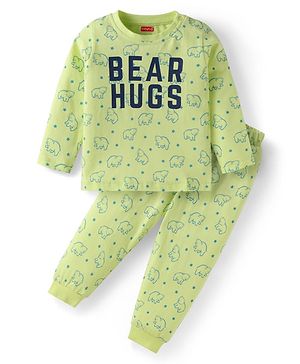 Babyhug Cotton Knit Full Sleeves Night Suit With Teddy Bear Print - Light Green