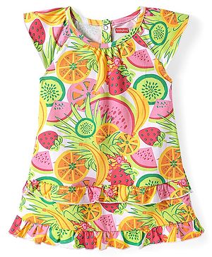 Babyhug Cotton Knit Sleeveless Frock with Fruits Print - Light Green & Yellow