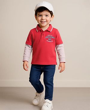 Babyhug Single Jersey Knit Full Doctor Sleeves T-Shirt & Full Length Denim Jeans Set - Red & Blue