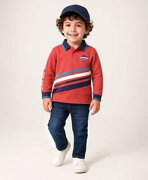 Babyhug Single Jersey Knit Full Sleeves Polo T-Shirt & Denim Jeans Set With Basketball Print - Red & Blue