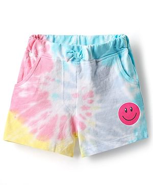 Babyhug Cotton Knit Shorts With Bow Applique Tie & Dye Print - Light Blue