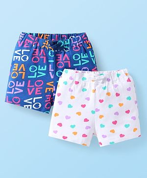 Babyhug Cotton Jersey Shorts with Text & Hearts Print Pack of 2 - White & Blue