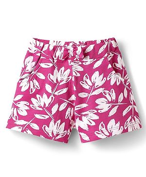 Babyhug Cotton Jersey Knit Leaves Printed Shorts Bow Applique - Fuchsia