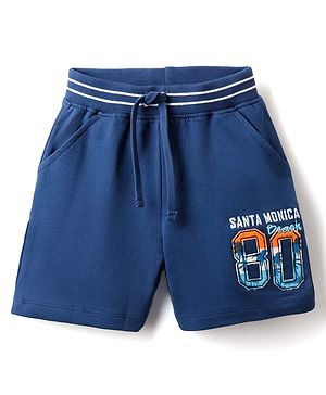 Babyhug Cotton Looper Knit Shorts with Beach Theme Embroidery - Navy Blue