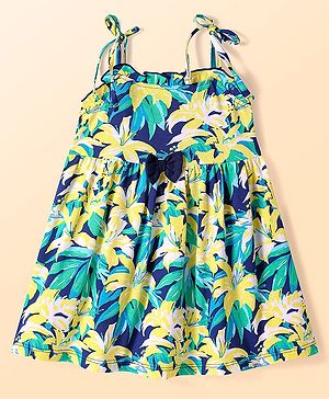 Babyhug Cotton Knit Sleeveless Dress With Tree Print & Bow Applique - Navy Blue & Green