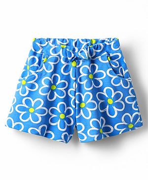 Babyhug Cotton Knit Shorts With Floral Print - Blue