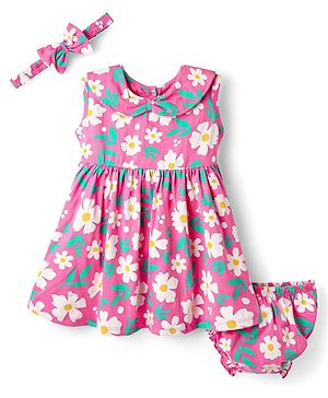 Babyhug Cotton Knit Sleeveless Floral Printed Frock with Bloomer & Headband - Pink