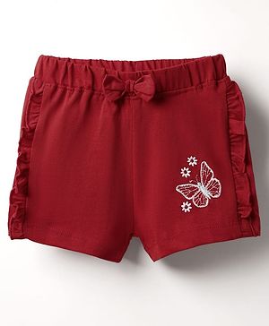 Babyhug Cotton Knit Shorts With Butterfly Embroidery & Bow Applique - Red
