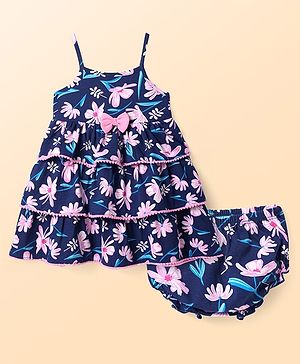 Babyhug Cotton Knit Singlet Frock & Blooomer with Floral Print Bow Applique - Navy Blue