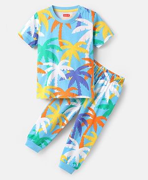 Babyhug Cotton Knit Half Sleeves Co-ords Night Suit with Coconut Tree Print - Light Blue