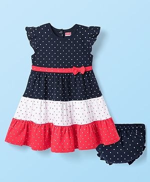 Babyhug Cotton Knit Frill Sleeves Frocks & Bloomers With Polka Dots Print - Navy Blue