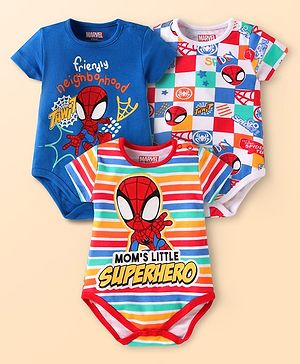 Babyhug Marvel Interlock Knit Half Sleeves Onesies with Spiderman Graphics Pack of 3 - Multicolor