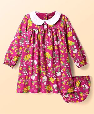 Babyhug Cotton Knit Full Peasant Sleeves Peter Pan Collared Frock with Bloomer & Floral Print - Dark Pink
