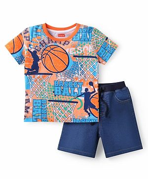 Babyhug Single Jersey Knit Half Sleeves T-Shirt & Denim Shorts Set With Basketball Print - Blue