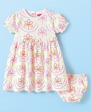 Babyhug Cotton Knit Half Puffed Sleeves Floral Printed Frock with Bow Applique & Bloomer - White