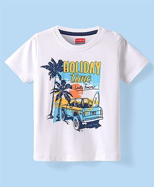Babyhug Cotton Knit Half Sleeves T-Shirt with Holiday Time Print - White