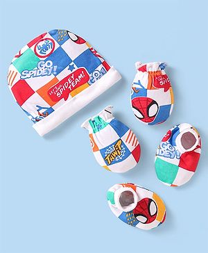 Babyhug Marvel Interlock Knit Cap Mittens & Booties With Spider-Man Graphics White - Diameter 14