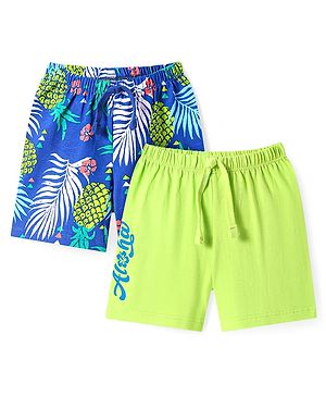 Babyhug Cotton Knit Tropical Theme Printed Shorts Pack of 2 - Blue & Light Green