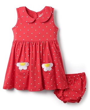 Babyhug Cotton Knit Sleeveless Frock With Polka Dot Print & Bloomer - Red