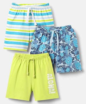 Babyhug Single Jersey Knit Striped Floral & Text Printed Shorts Pack Of 3 - Blue Light Green & Sky Blue
