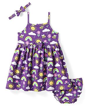 Babyhug Cotton Knit Sleeveless Floral Printed Frock With Bloomer & Headband - Purple
