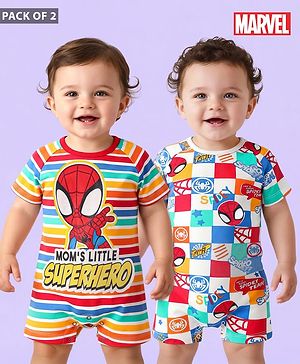 Babyhug Marvel Interlock Knit Half Raglan Sleeves Rompers With Spider-Man Graphics Pack of 3 - Blue Red & White