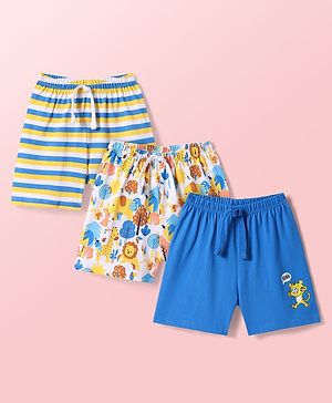 Babyhug Cotton Knit Mid Thigh Shorts with Jungle Theme Print & Stripes Pack of 3 - Multicolor