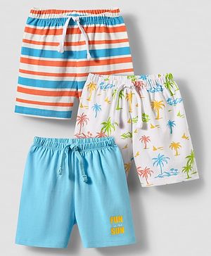 Babyhug Single Jersey Knit Shorts With Stripes & Beach Theme Print Pack Of 3 - Light Blue White & Orange