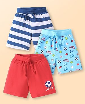 Babyhug Cotton Single Jersey Knit Striped Shorts With Ball Print Pack of 3 - Red & Blue