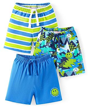 Babyhug Cotton Knit Mid Thigh Length Shorts with Smiley Print & Stripes Pack of 3 - Light Green & Blue