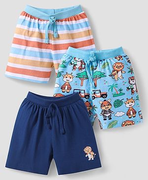 Babyhug Single Jersey Knit Shorts with Stripes & Animal Print Pack of 3 - Light Blue & Navy Blue