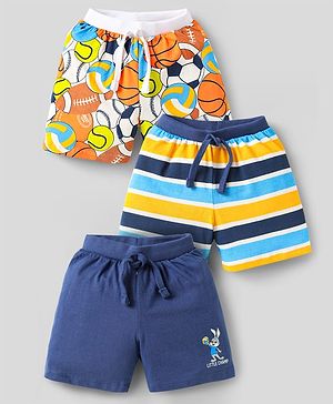 Babyhug Cotton Knit Shorts with Sports Theme Print & Stripes Pack of 3 - White & Navy Blue