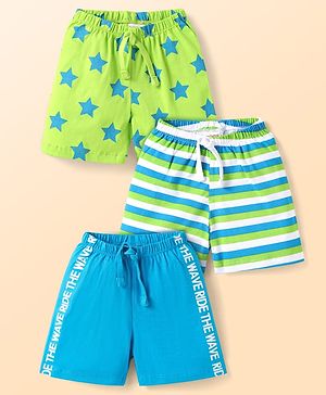 Babyhug Single Jersey Knit Shorts with Stripes Star & Text Print Pack of 3 - Limegreen & Light Blue
