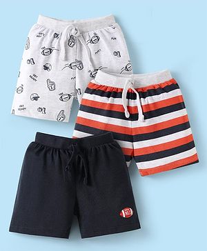 Babyhug Single Jersey Knit Shorts with Stripes & Sport Theme Print Pack of 3 - Grey & Black