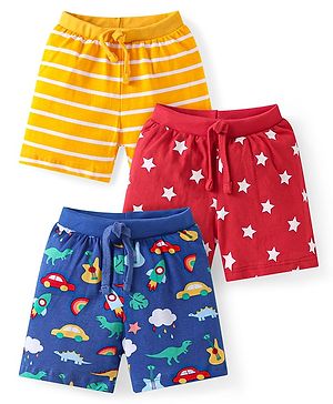 Babyhug Cotton Knit Shorts with Stars Print & Stripes Pack of 3 - Yellow Red & Navy Blue