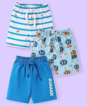 Babyhug Cotton Knit Knee Length Striped & Lion Printed Shorts Pack of 3 - Blue White & Light Blue