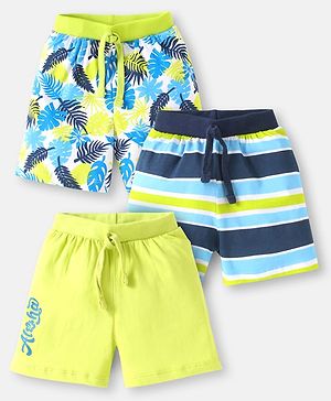 Babyhug Cotton Single Jersey Knit Striped Shorts With Leafy Print Pack of 3 - Lime Green & Navy