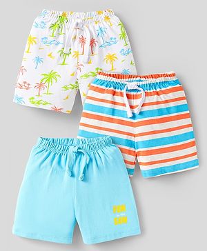Babyhug Cotton Knit Shorts With Striped & Beach Theme Print Pack Of 3 - Light Blue Orange & Yellow