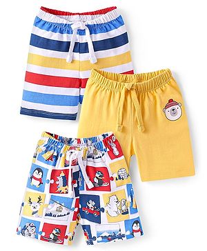 Babyhug Single Jersey Knit Shorts with Stripe & Animal Print Pack of 3 - Blue & Yellow