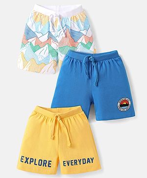 Babyhug Single Jersey Knit Shorts with Explore Theme & Text Print Pack of 3 - Yellow Blue & White