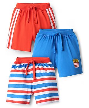 Babyhug Cotton Knit Shorts With Stripes & Fries Print Pack Of 3 - Red Blue & White